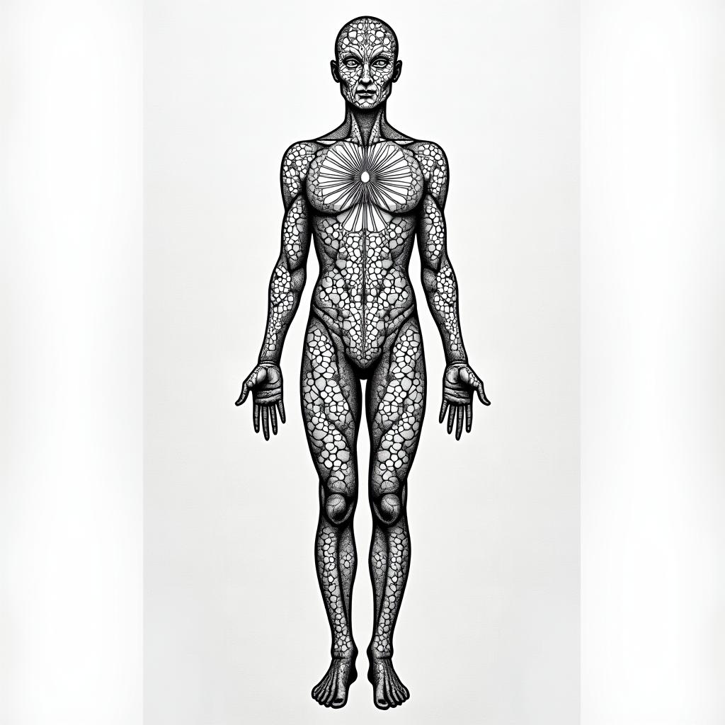 Using Six birthdates to create a human form in geometric style tattoo, blending hexagons, mandala-inspired patterns, symmetrical and fractal design, clean lines, sharp angles - Variation 4
