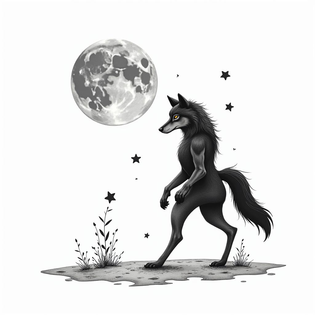A stylized she-wolf walking alone, surrounded by two small stars (Margot & William).
• Can be illustrated in profile, thin, minimalist, on a lunar background.higly detailed tattoo - Variation 3