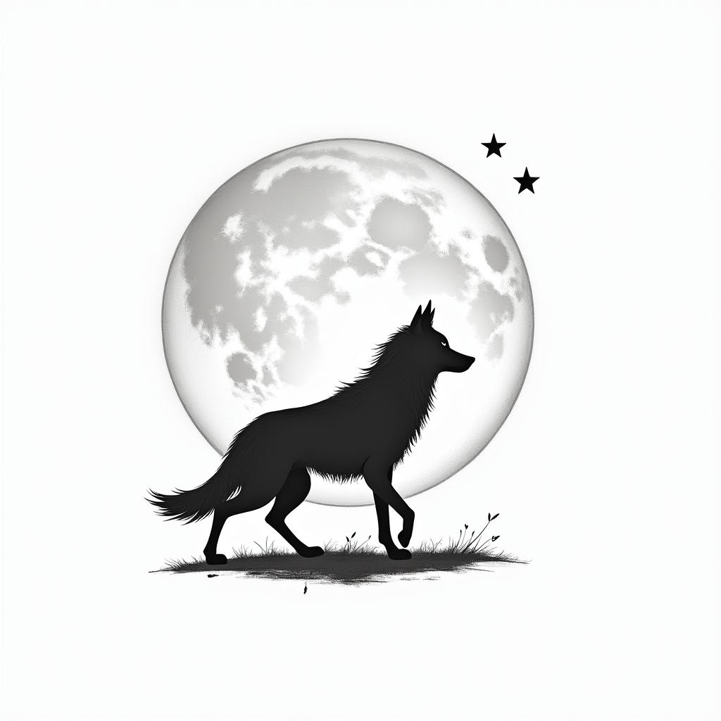 A stylized she-wolf walking alone, surrounded by two small stars (Margot & William).
• Can be illustrated in profile, thin, minimalist, on a lunar background.higly detailed tattoo - Variation 4
