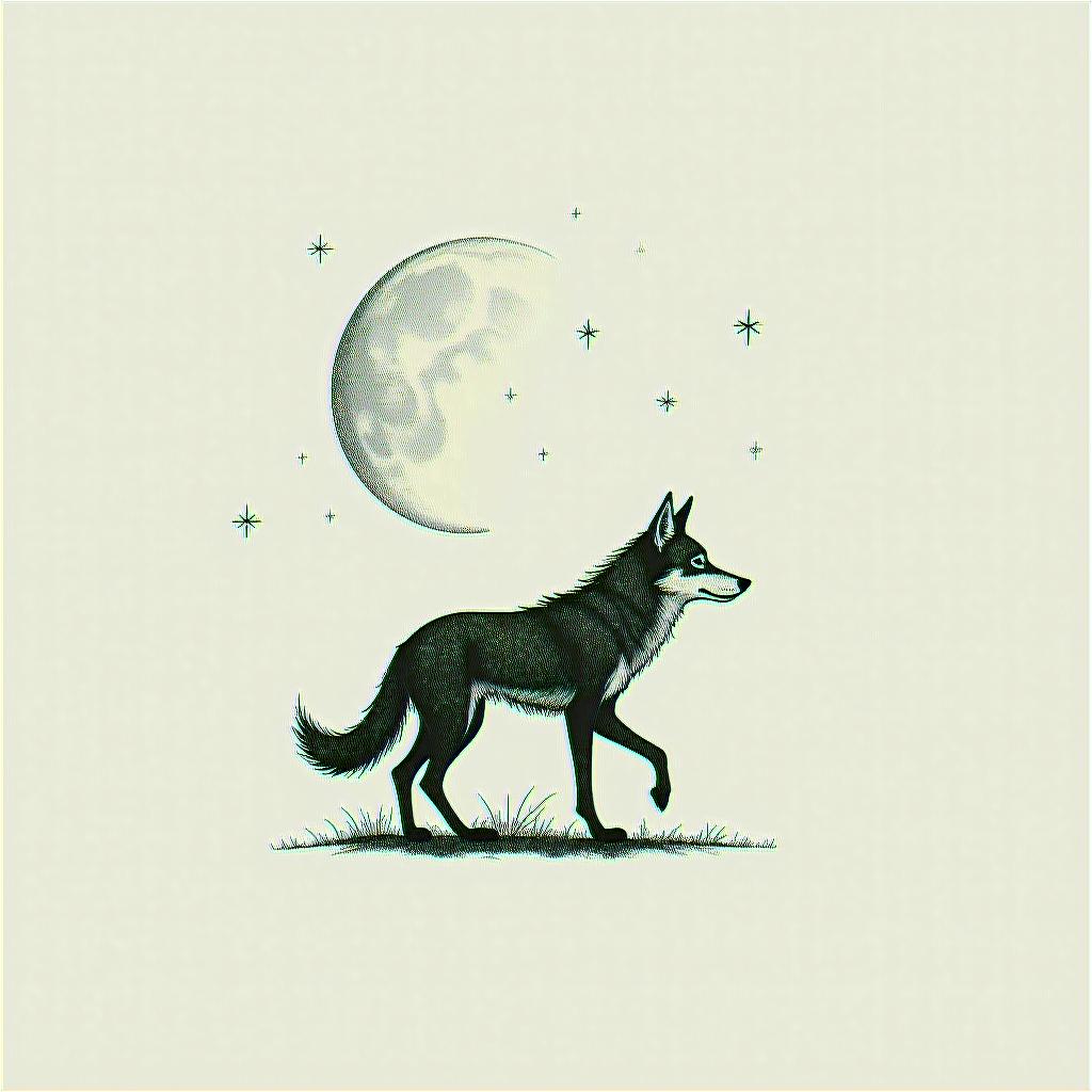 A stylized she-wolf walking alone, surrounded by two small stars (Margot & William).
• Can be illustrated in profile, thin, minimalist, on a lunar background.higly detailed tattoo - Variation 2