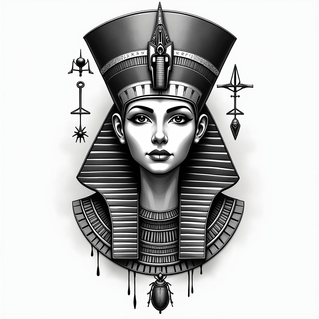 Motherin egyptian style tattoo, bold elements of ancient egyptian culture including a portrait of an Egyptian pharaoh with detailed facial features, in hieroglyphs and symbolic imagery, eye of horus, ankh symbol, scarab beetle