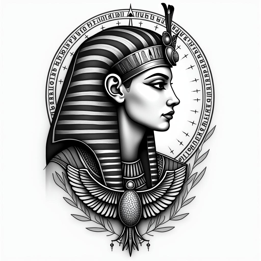 Motherin egyptian style tattoo, bold elements of ancient egyptian culture including a portrait of an Egyptian pharaoh with detailed facial features, in hieroglyphs and symbolic imagery, eye of horus, ankh symbol, scarab beetle - Variation 4