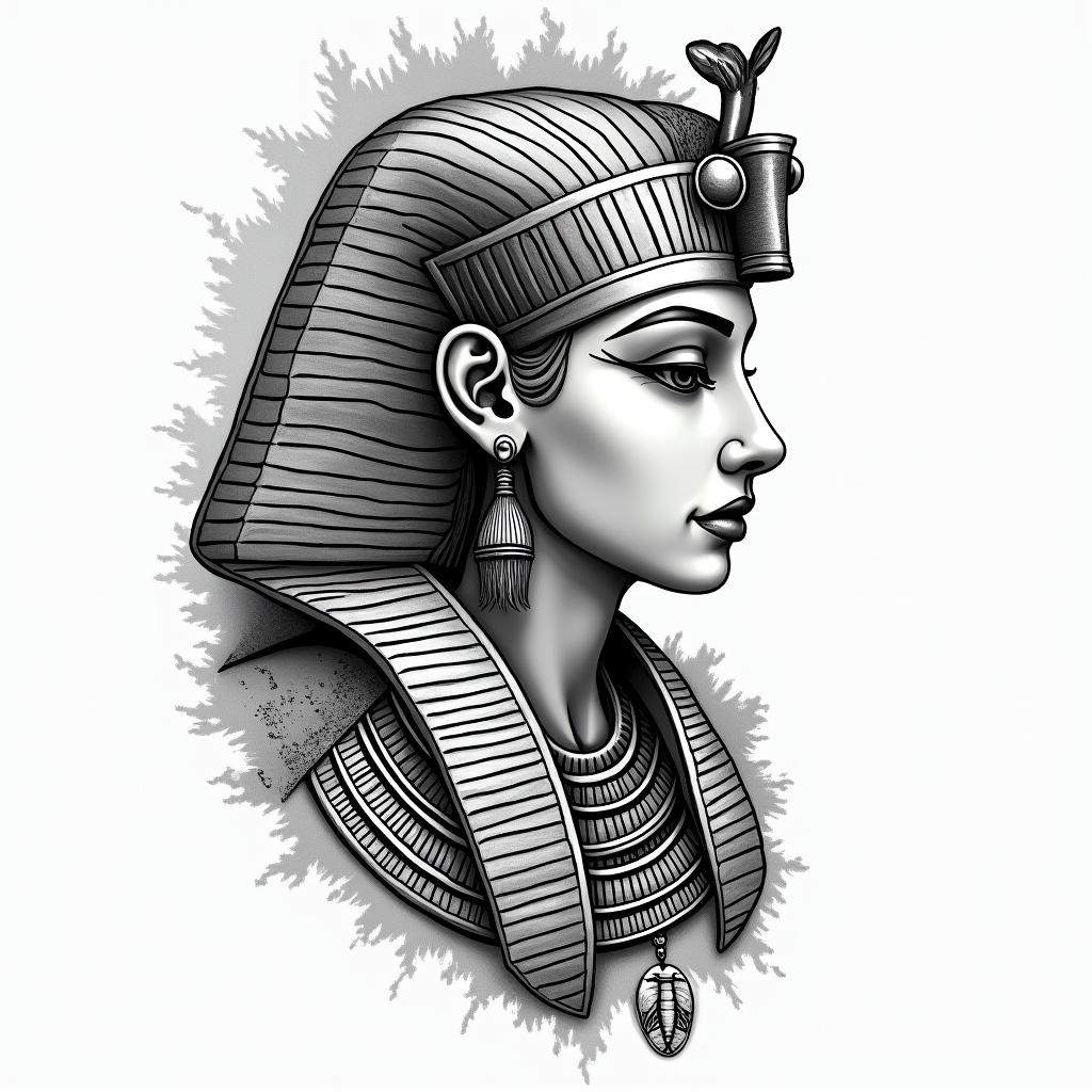Motherin egyptian style tattoo, bold elements of ancient egyptian culture including a portrait of an Egyptian pharaoh with detailed facial features, in hieroglyphs and symbolic imagery, eye of horus, ankh symbol, scarab beetle - Variation 3