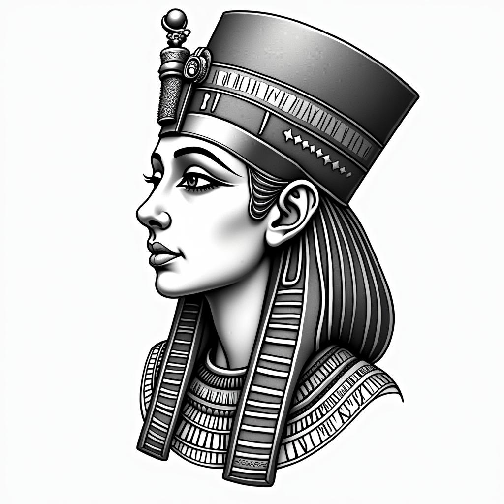 Motherin egyptian style tattoo, bold elements of ancient egyptian culture including a portrait of an Egyptian pharaoh with detailed facial features, in hieroglyphs and symbolic imagery, eye of horus, ankh symbol, scarab beetle - Variation 2