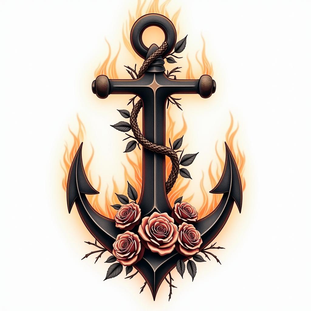 Anchor entwined with roses and thornsin flame tattoo style showcasing fiery elements with dynamic flame patterns, glowing effect of flames, natural colors - Variation 2