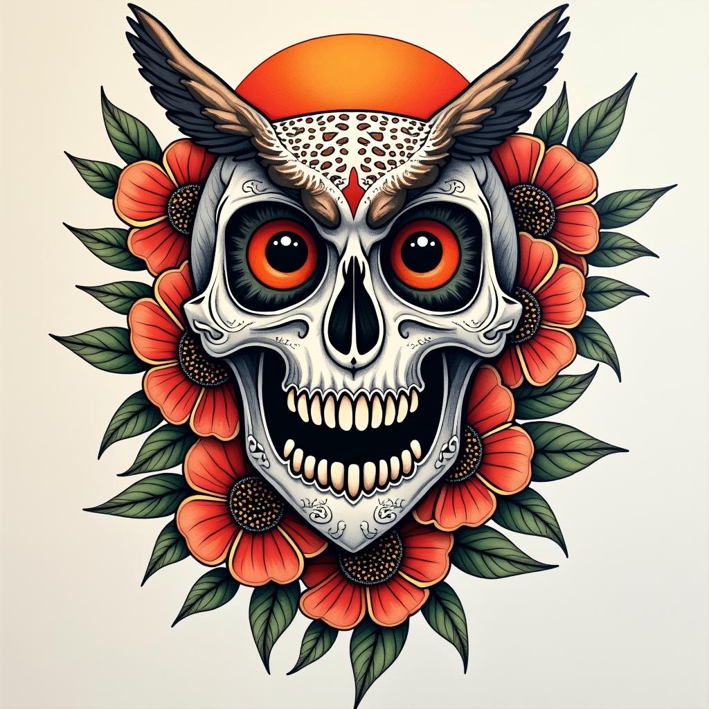 Skull with owl and flowersin bohemian style tattoo, 8k - Variation 1