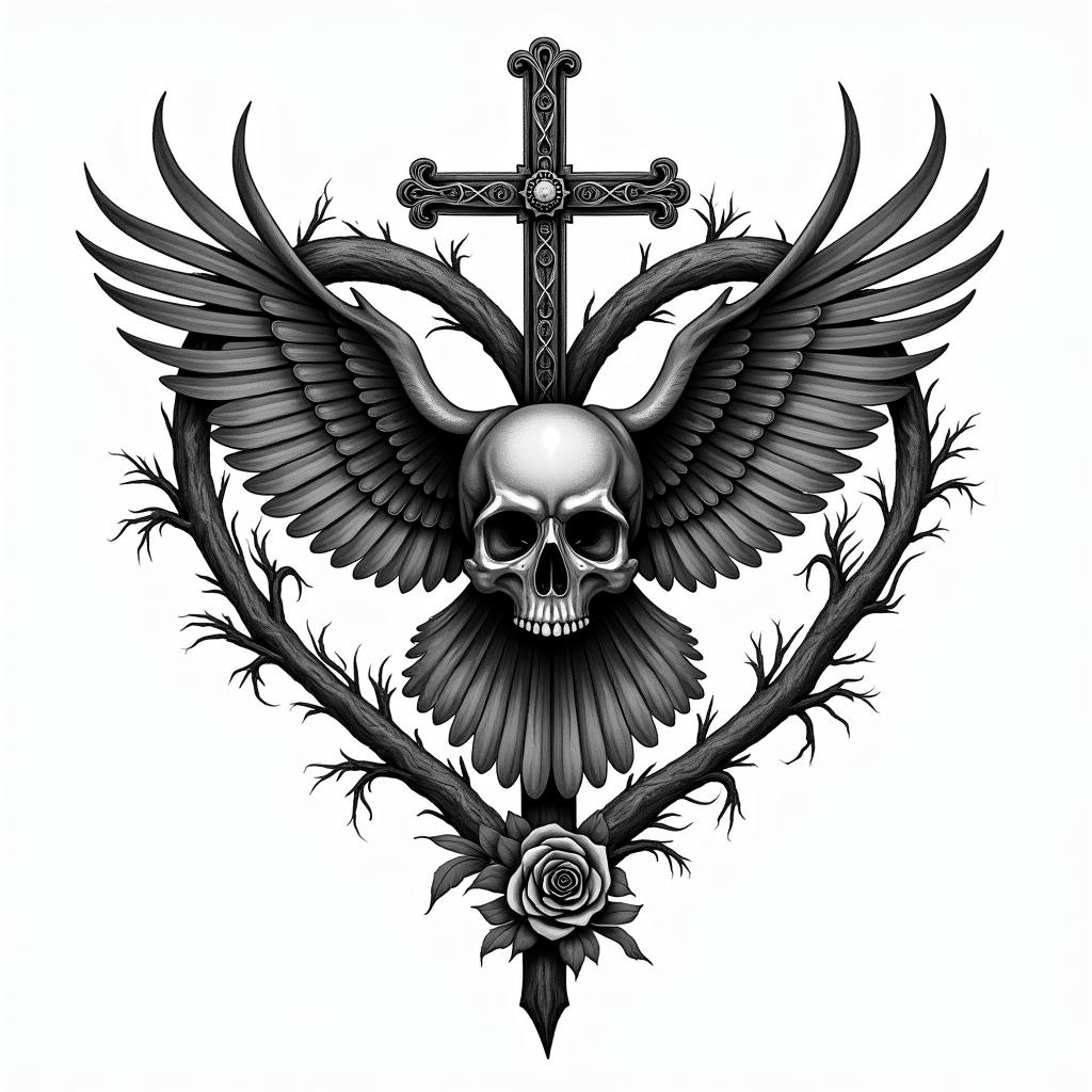 Spider web heart owl branchin chicano style tattoo, featuring intricate black and grey shading, bold elements of traditional chicano culture symbols, add a big cross with skull, chains and roses - Variation 3