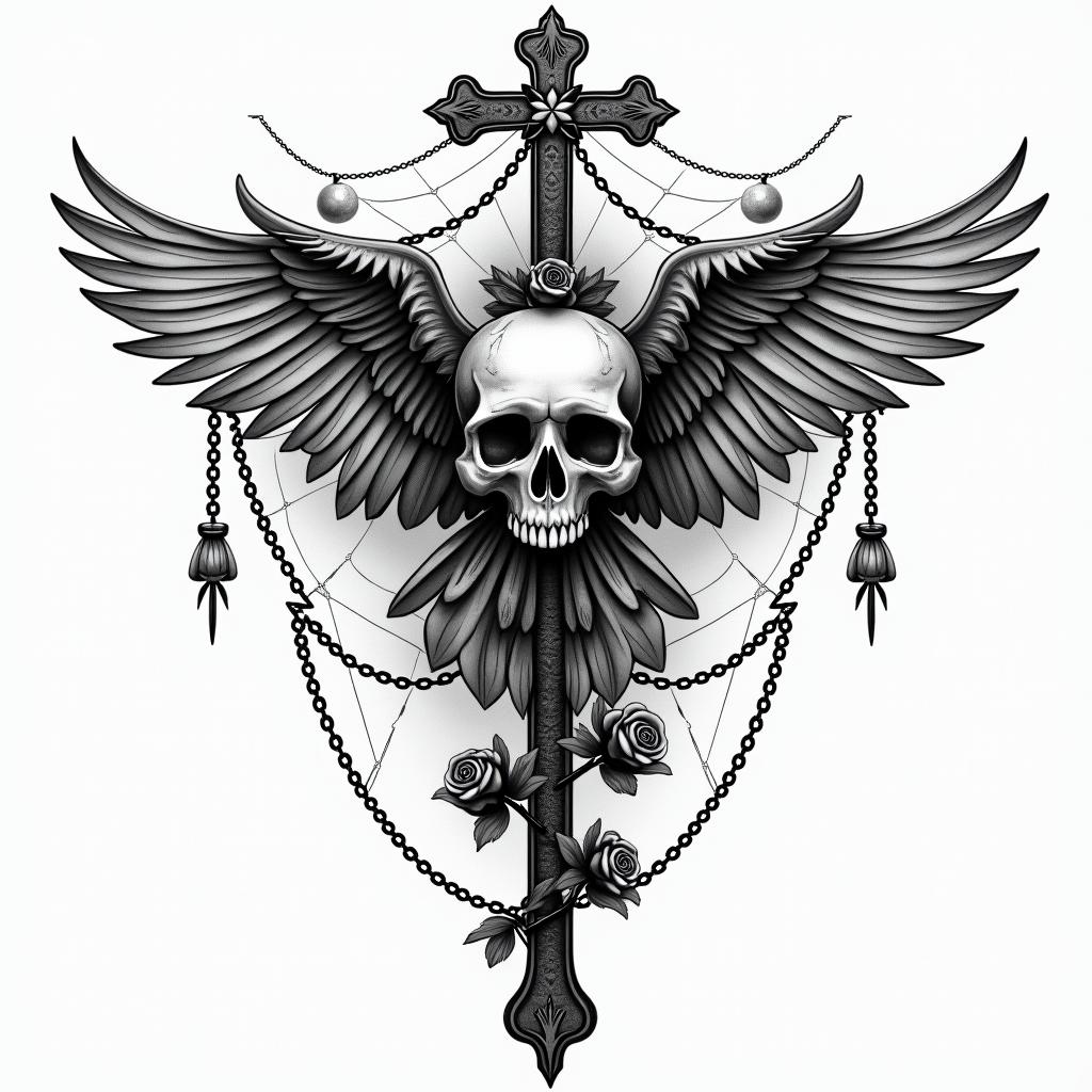 Spider web heart owl branchin chicano style tattoo, featuring intricate black and grey shading, bold elements of traditional chicano culture symbols, add a big cross with skull, chains and roses - Variation 2