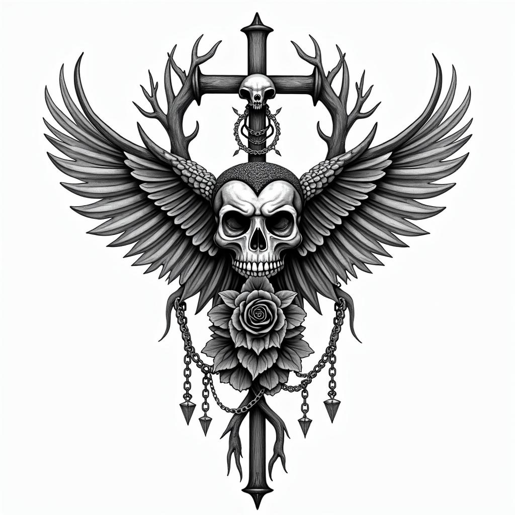 Spider web heart owl branchin chicano style tattoo, featuring intricate black and grey shading, bold elements of traditional chicano culture symbols, add a big cross with skull, chains and roses - Variation 4
