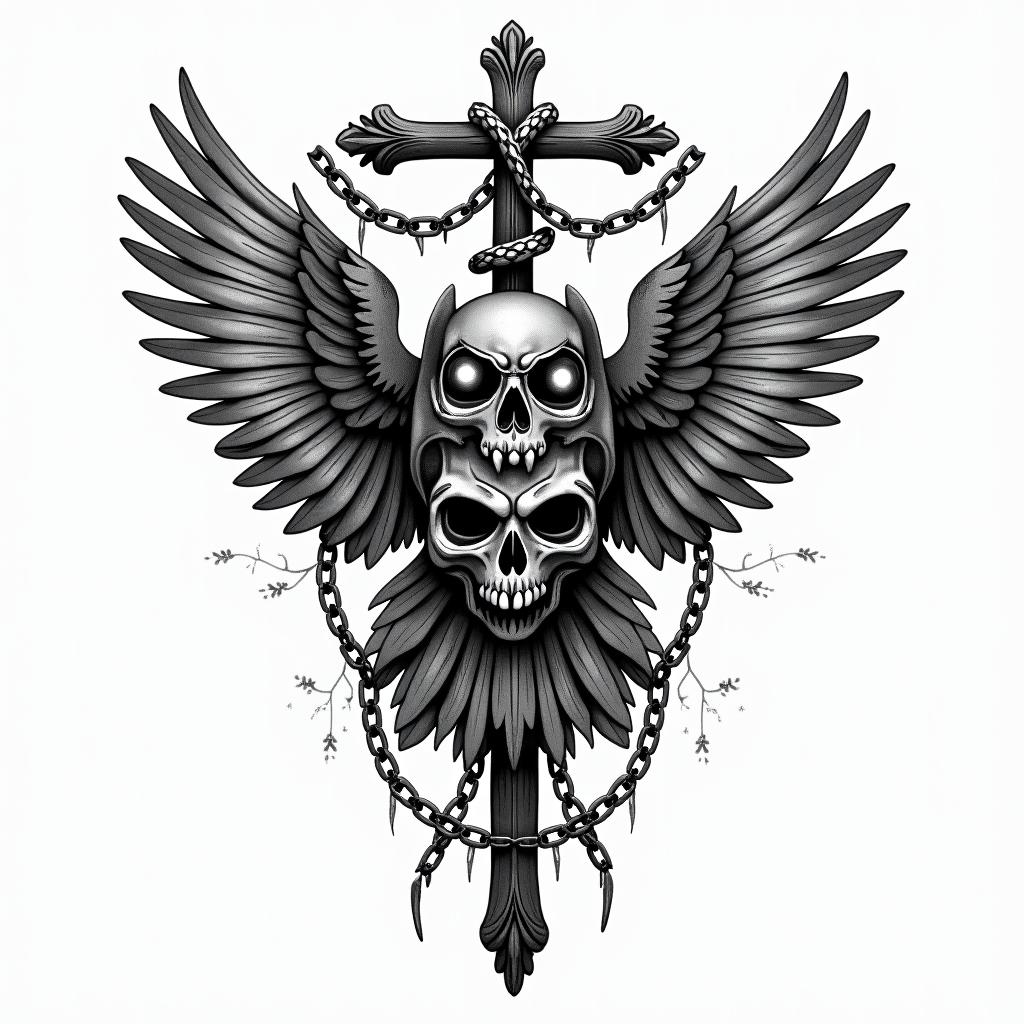 Spider web heart owl branchin chicano style tattoo, featuring intricate black and grey shading, bold elements of traditional chicano culture symbols, add a big cross with skull, chains and roses