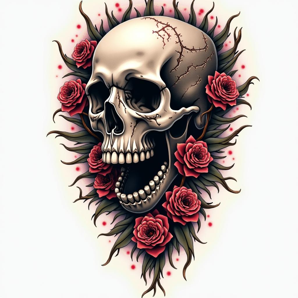 Cindy Vicky 
 in horror tattoo style, showcasing haunting and unsettling, dark and gritty textures with skulls, eerie faces, jgged designs, bold and intense shading