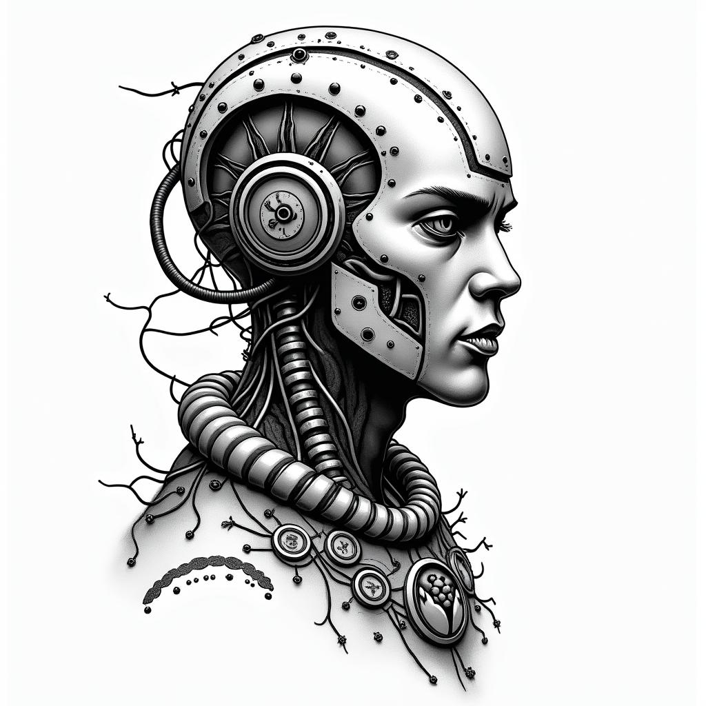 Samoan Polynesian mangatattoo in biomechanic style, the tattoo covered by robotic elements of futuristic cyberpunk design, robotic features detail, showcasing intricate mechanical components - Variation 1