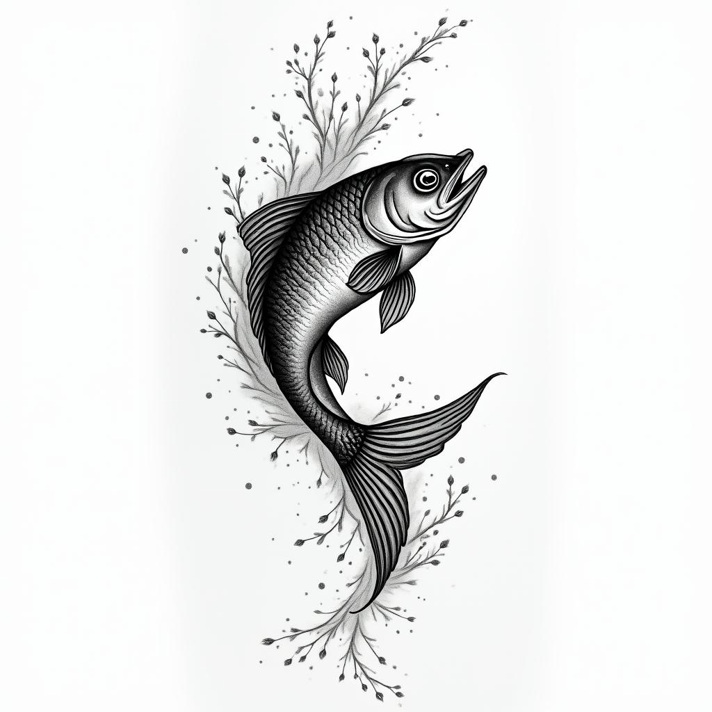 • Stylized fish, in a gentle wave, rising with the current.
• Two splashes of water or flowers above: one for each child.higly detailed tattoo - Variation 2
