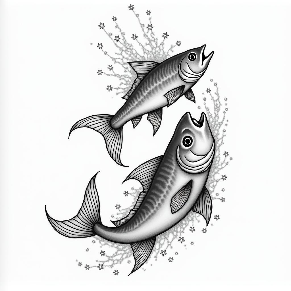 • Stylized fish, in a gentle wave, rising with the current.
• Two splashes of water or flowers above: one for each child.higly detailed tattoo - Variation 4