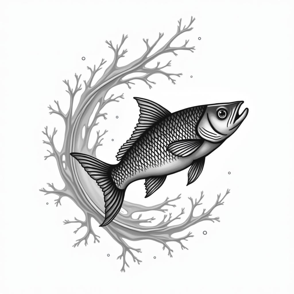 • Stylized fish, in a gentle wave, rising with the current.
• Two splashes of water or flowers above: one for each child.higly detailed tattoo - Variation 3