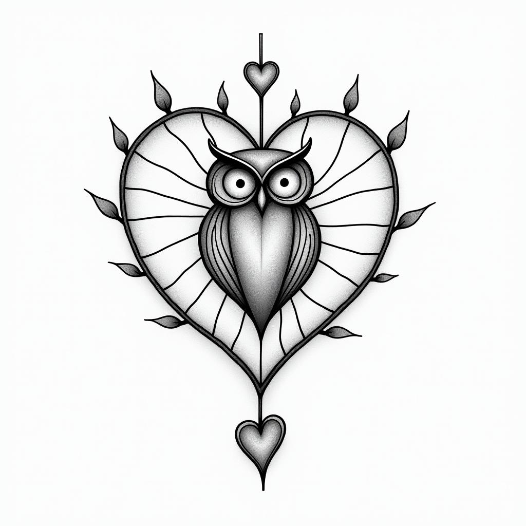 Spider web heart owl branchin Modest style tattoo, featuring soft, delicate line work with simple and meaningful symbols, gentle waves, a heart, evoking a sense of serenity and grace,