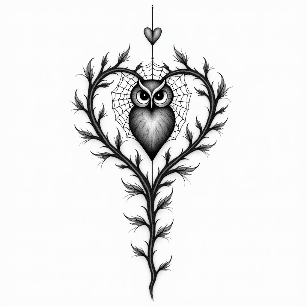 Spider web heart owl branchin Modest style tattoo, featuring soft, delicate line work with simple and meaningful symbols, gentle waves, a heart, evoking a sense of serenity and grace, - Variation 4