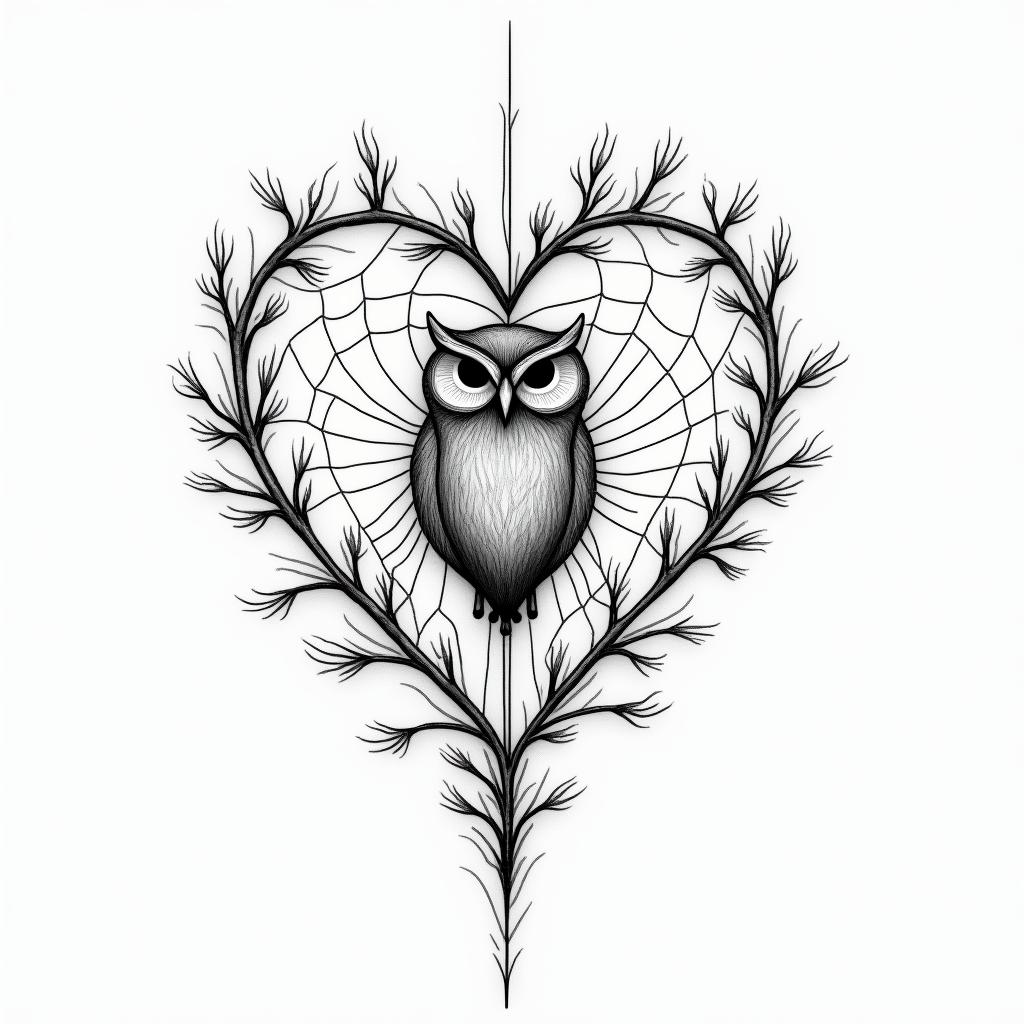 Spider web heart owl branchin Modest style tattoo, featuring soft, delicate line work with simple and meaningful symbols, gentle waves, a heart, evoking a sense of serenity and grace, - Variation 2