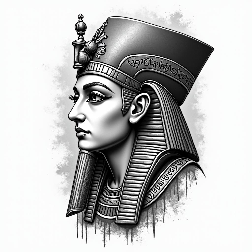 Samuel, Virgo, Septemberin egyptian style tattoo, bold elements of ancient egyptian culture including a portrait of an Egyptian pharaoh with detailed facial features, in hieroglyphs and symbolic imagery, eye of horus, ankh symbol, scarab beetle