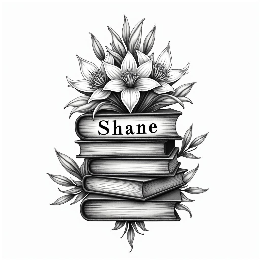A realistic vintage-style tattoo design featuring a stack of books with the name "Shane" written in elegant Arabic script. Intertwined with the books are delicate black and white lilies, symbolizing a connection to the client's grandmother. The overall composition should convey a sense of nostalgia and love for literature.higly detailed tattoo - Variation 4