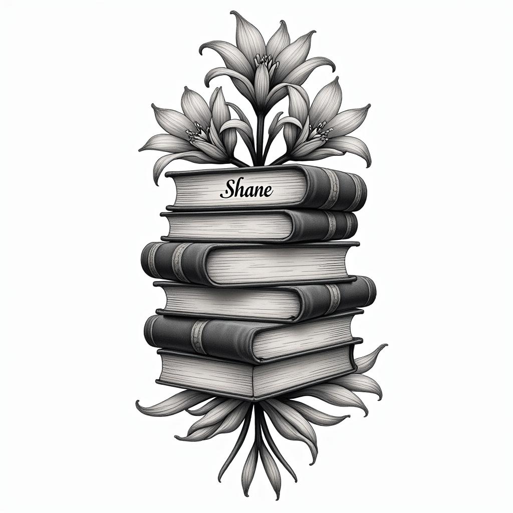 A realistic vintage-style tattoo design featuring a stack of books with the name "Shane" written in elegant Arabic script. Intertwined with the books are delicate black and white lilies, symbolizing a connection to the client's grandmother. The overall composition should convey a sense of nostalgia and love for literature.higly detailed tattoo - Variation 3