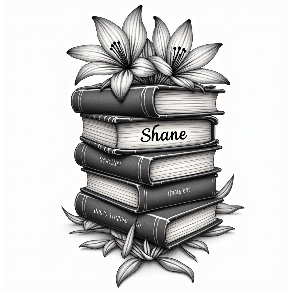 A realistic vintage-style tattoo design featuring a stack of books with the name "Shane" written in elegant Arabic script. Intertwined with the books are delicate black and white lilies, symbolizing a connection to the client's grandmother. The overall composition should convey a sense of nostalgia and love for literature.higly detailed tattoo - Variation 2