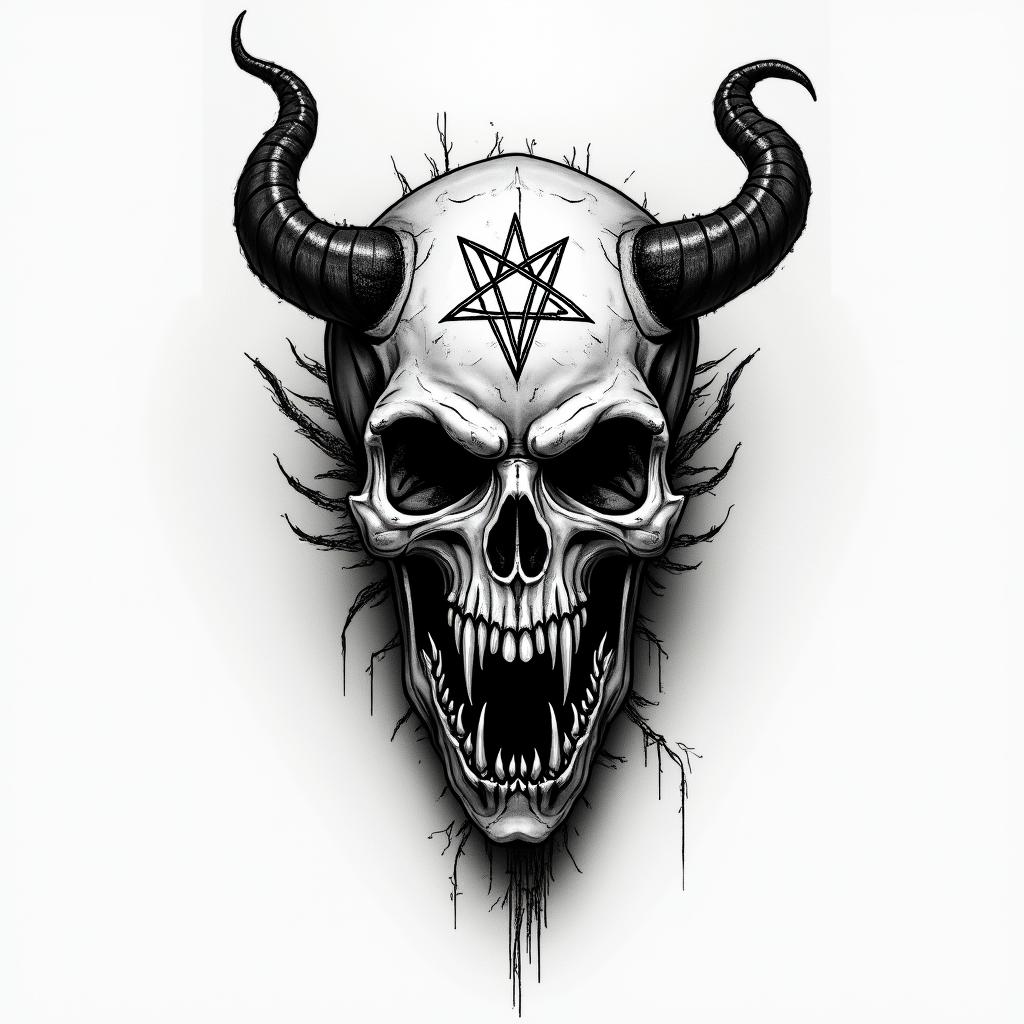 Tobias, Scorpio, Erlangencreepy horror tattoo style, featuring an eerie and unsettling skull of a demonic creature, distorted face with sharp fangs, add pentagram symbol - Variation 1