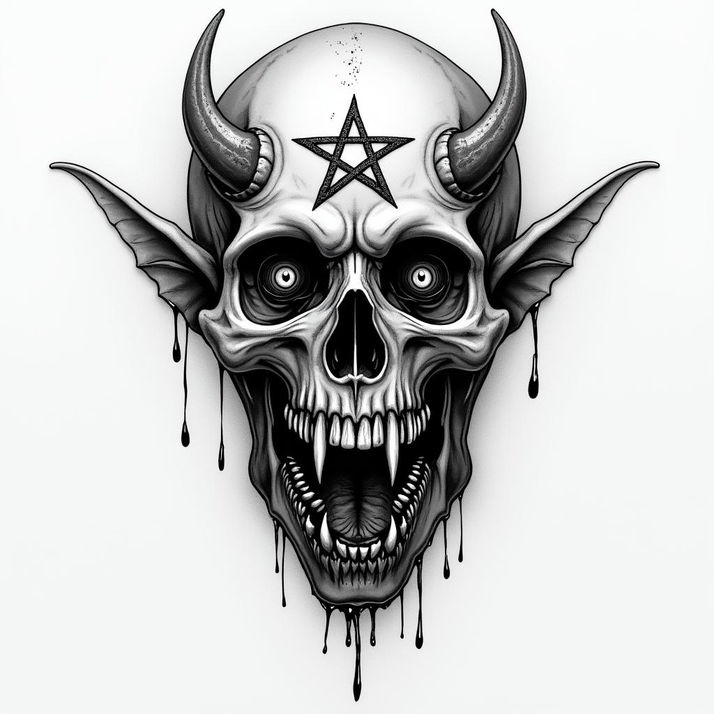 Tobias, Scorpio, Erlangencreepy horror tattoo style, featuring an eerie and unsettling skull of a demonic creature, distorted face with sharp fangs, add pentagram symbol - Variation 2