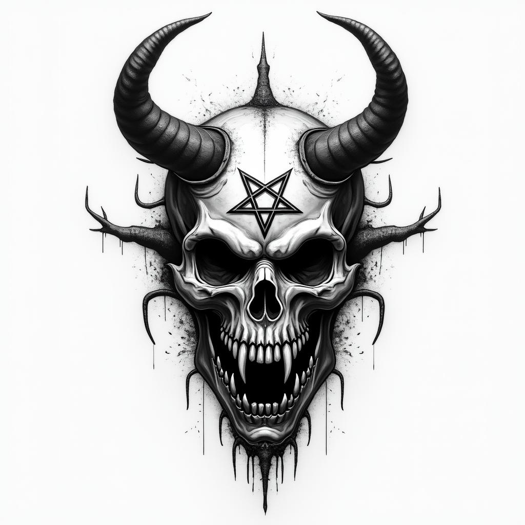 Tobias, Scorpio, Erlangencreepy horror tattoo style, featuring an eerie and unsettling skull of a demonic creature, distorted face with sharp fangs, add pentagram symbol - Variation 3