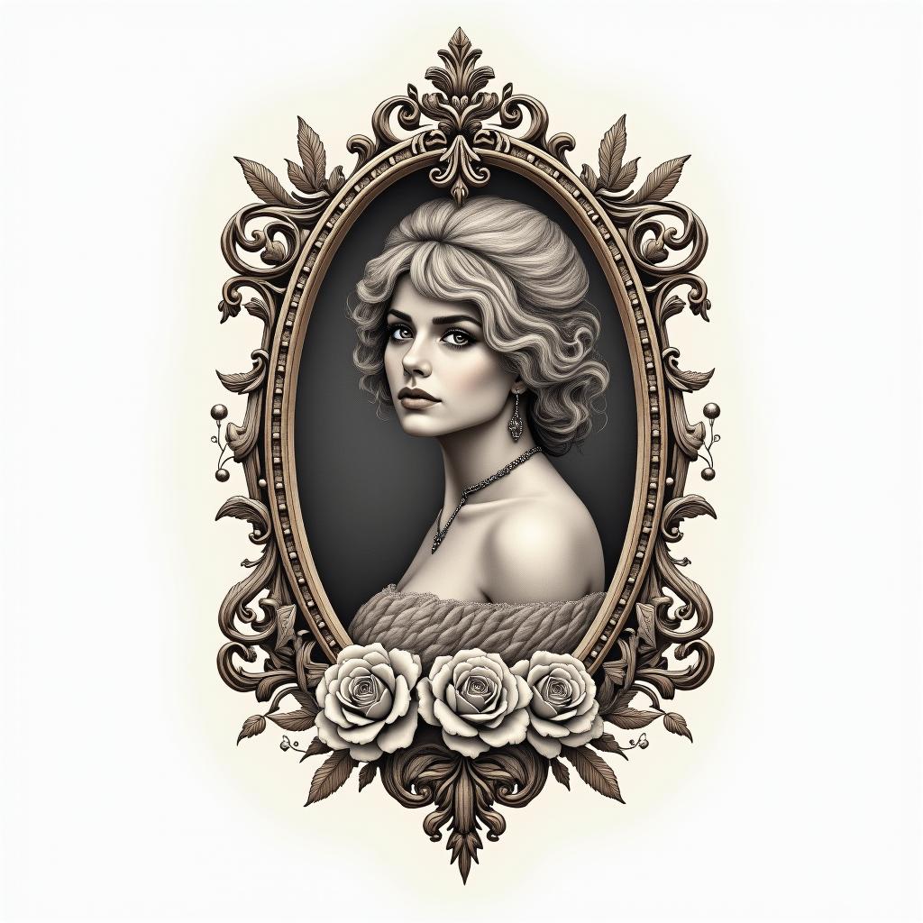 Daniel Preciado Tauroin victorian style tattoo, featuring vintage and elegant elements, ornate frames, roses, antique, sepia-toned color scheme