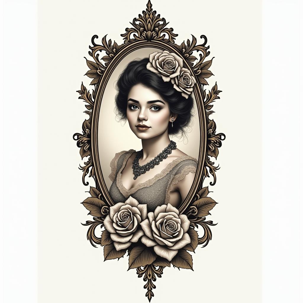Daniel Preciado Tauroin victorian style tattoo, featuring vintage and elegant elements, ornate frames, roses, antique, sepia-toned color scheme - Variation 3