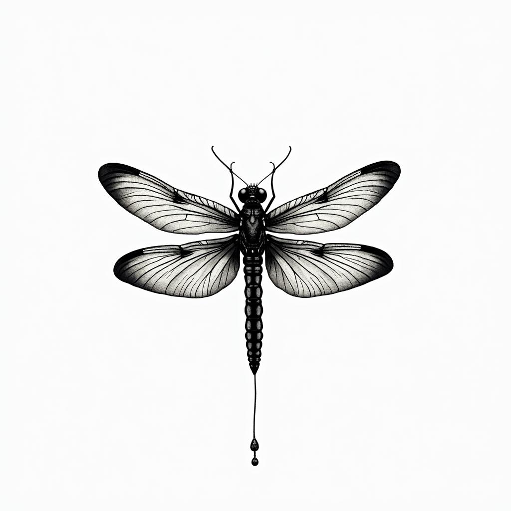 • Dragonfly in flight, wings moving, fine detail.  
• Lotus or water flowers beneath its passage.  
• Margot and William represented by two small pearls or droplets at the tips of the wings.higly detailed tattoo - Variation 3