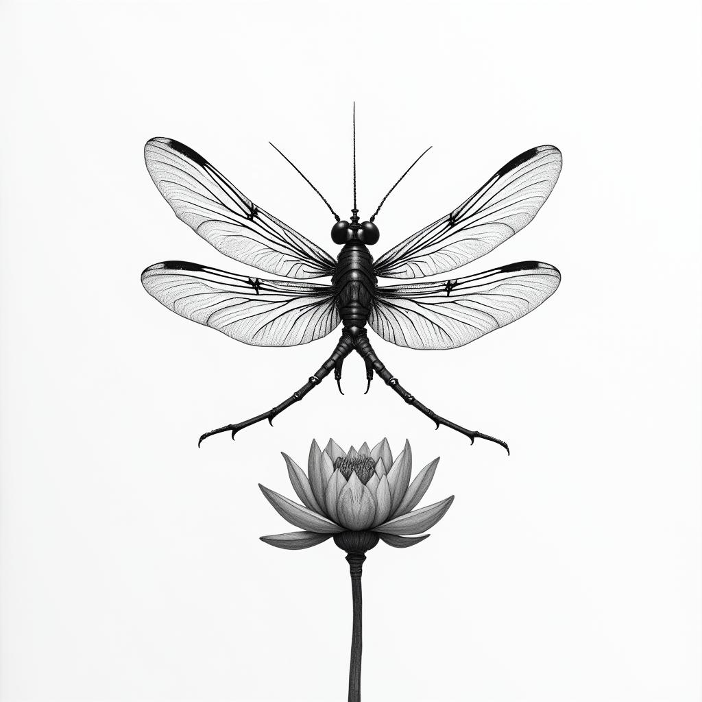 • Dragonfly in flight, wings moving, fine detail.  
• Lotus or water flowers beneath its passage.  
• Margot and William represented by two small pearls or droplets at the tips of the wings.higly detailed tattoo - Variation 4