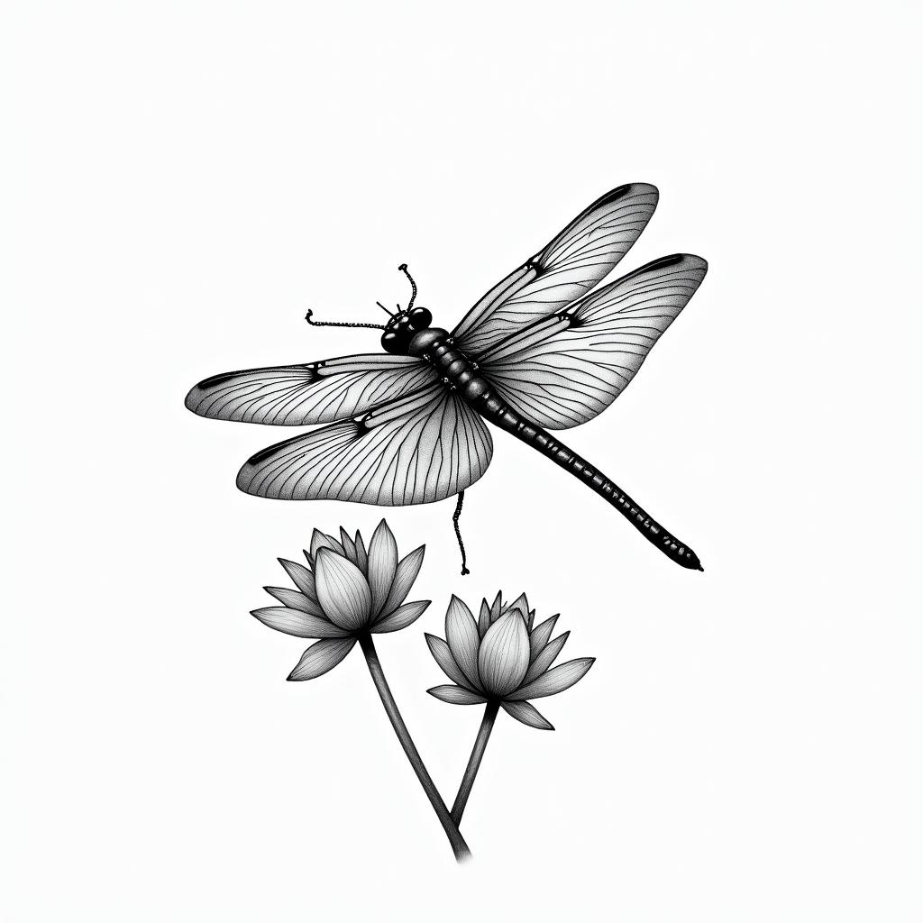 • Dragonfly in flight, wings moving, fine detail.  
• Lotus or water flowers beneath its passage.  
• Margot and William represented by two small pearls or droplets at the tips of the wings.higly detailed tattoo - Variation 2