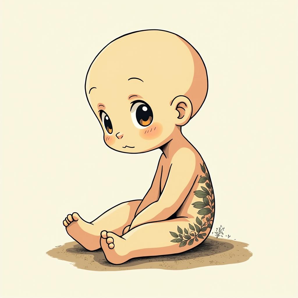 Sweet Ghibli ideasGhibli, Studio Ghibli aesthetic, hand-drawn anime style, retro nostalgic atmosphere, retro soft pastel color palette with earthy tones, retro Japanese cinematic shot, yellow tint effect, bald character, smooth surface, anime shadow 90's anime style - Variation 3