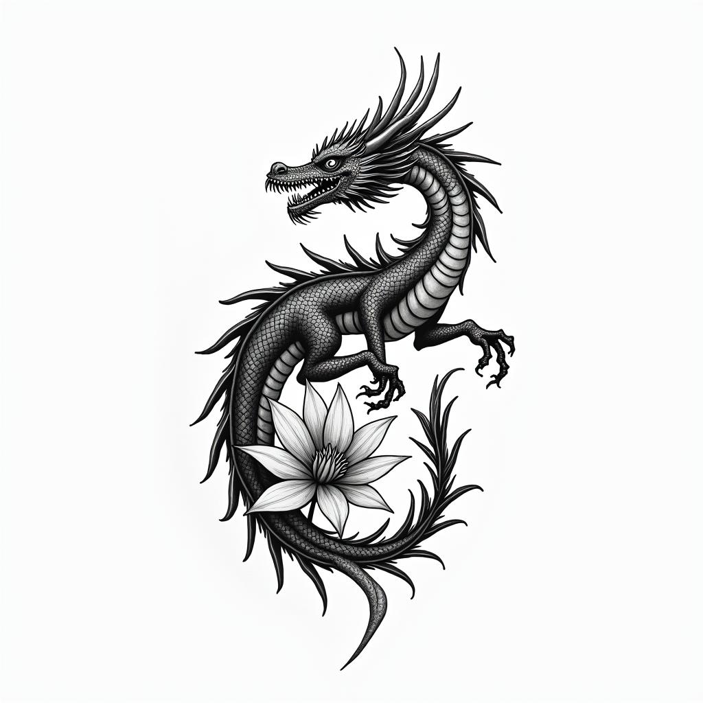 A minimalism
dragon surrounded by larkspurs and water lily’shigly detailed tattoo - Variation 3