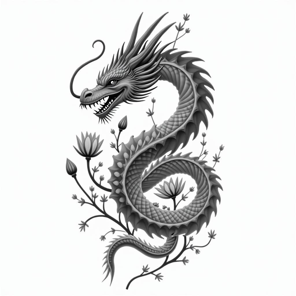 A minimalism
dragon surrounded by larkspurs and water lily’shigly detailed tattoo