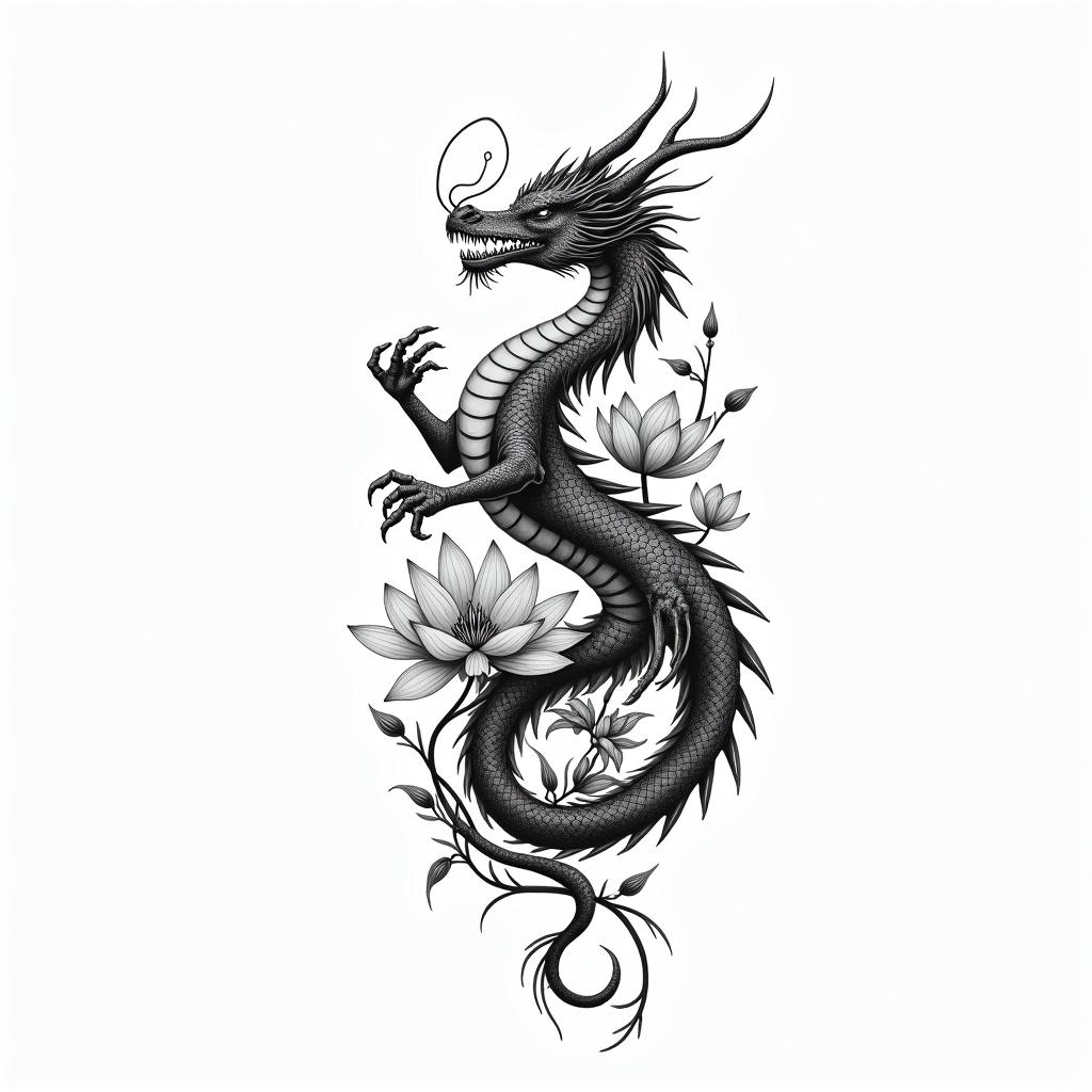A minimalism
dragon surrounded by larkspurs and water lily’shigly detailed tattoo - Variation 4