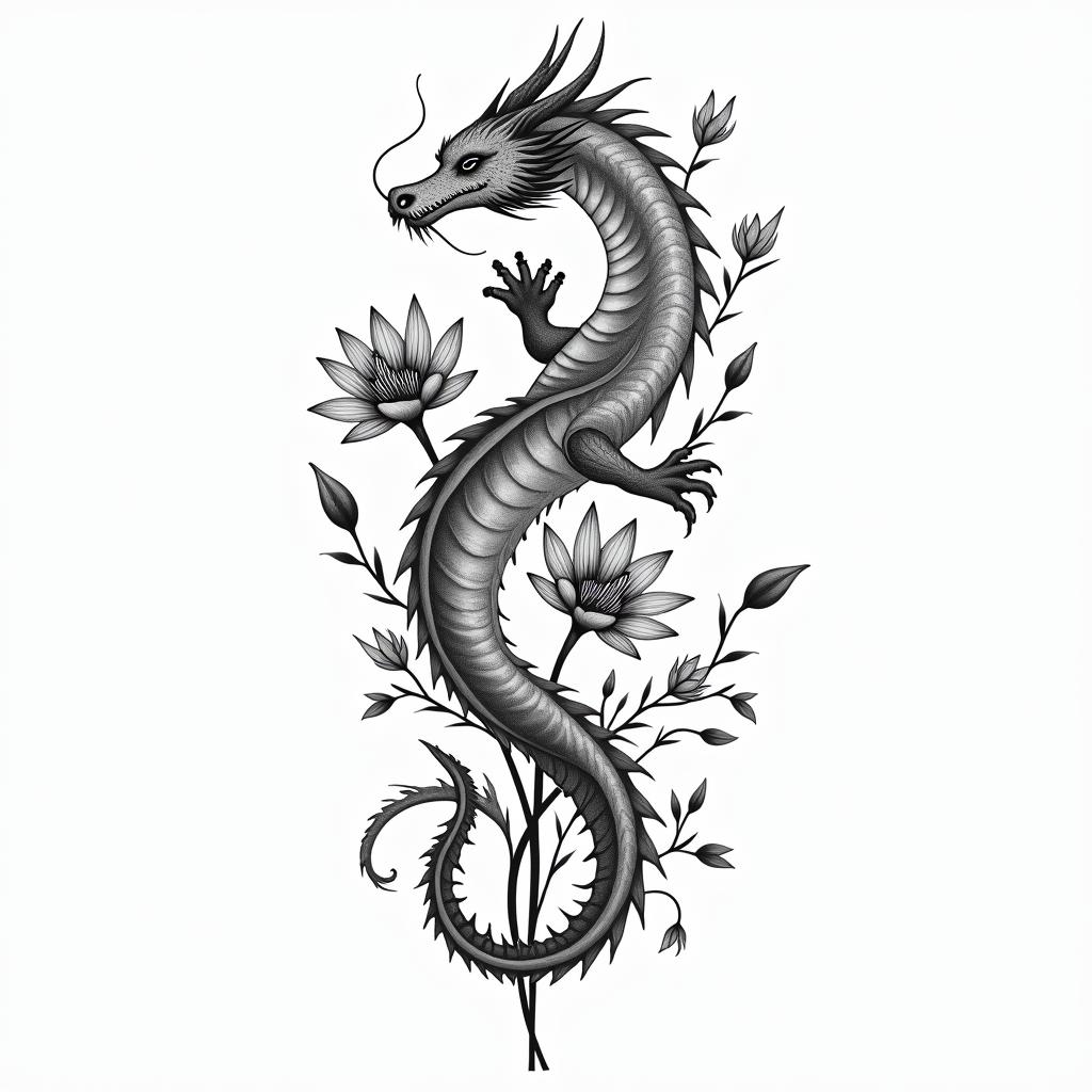 A minimalism
dragon surrounded by larkspurs and water lily’shigly detailed tattoo - Variation 2
