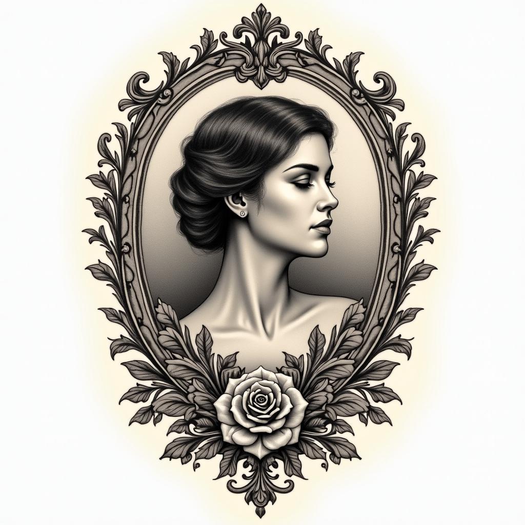 Tobias, Scorpio, November 11, 1994, Erlangenin victorian style tattoo, featuring vintage and elegant elements, ornate frames, roses, antique, sepia-toned color scheme - Variation 4