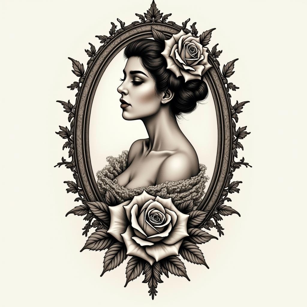 Tobias, Scorpio, November 11, 1994, Erlangenin victorian style tattoo, featuring vintage and elegant elements, ornate frames, roses, antique, sepia-toned color scheme