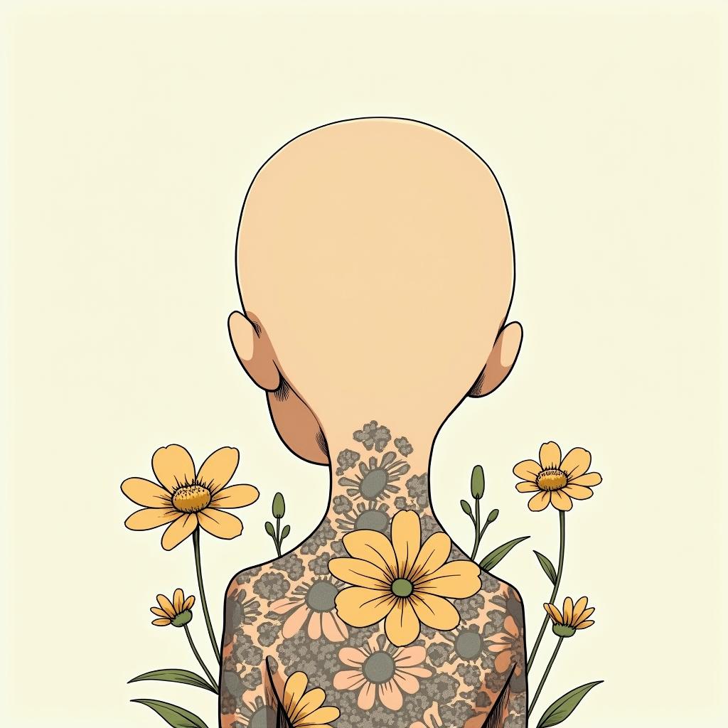 FlowersGhibli, Studio Ghibli aesthetic, hand-drawn anime style, retro nostalgic atmosphere, retro soft pastel color palette with earthy tones, retro Japanese cinematic shot, yellow tint effect, bald character, smooth surface, anime shadow 90's anime style - Variation 3