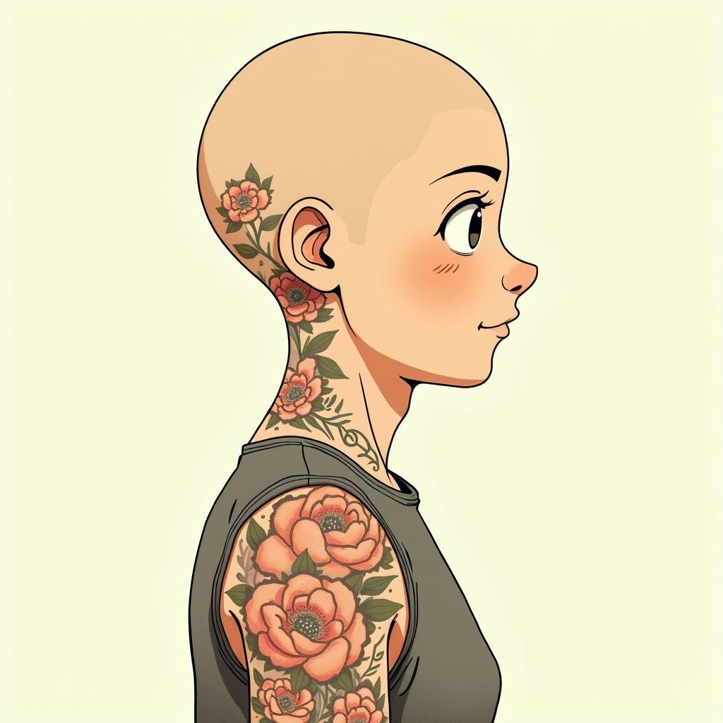 FlowersGhibli, Studio Ghibli aesthetic, hand-drawn anime style, retro nostalgic atmosphere, retro soft pastel color palette with earthy tones, retro Japanese cinematic shot, yellow tint effect, bald character, smooth surface, anime shadow 90's anime style