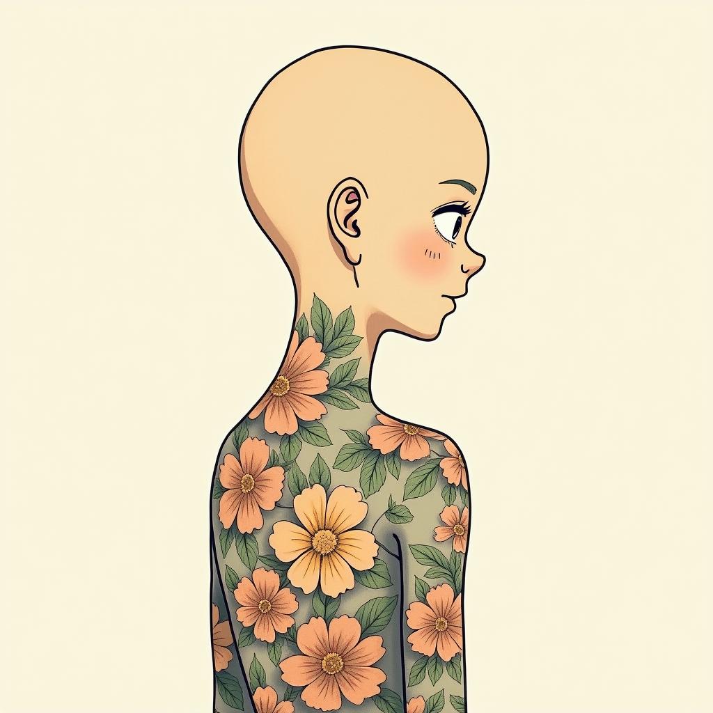 FlowersGhibli, Studio Ghibli aesthetic, hand-drawn anime style, retro nostalgic atmosphere, retro soft pastel color palette with earthy tones, retro Japanese cinematic shot, yellow tint effect, bald character, smooth surface, anime shadow 90's anime style - Variation 2