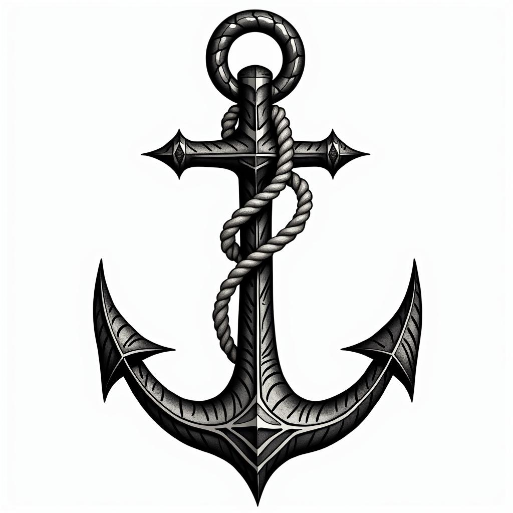 Anchor with nautical rope and compassin tribal tattoo style, featuring bold and black geometric shapes, curved lines, intertwine and flow seamlessly, creating a powerful and symbolic design, polynesian and maori styles - Variation 3