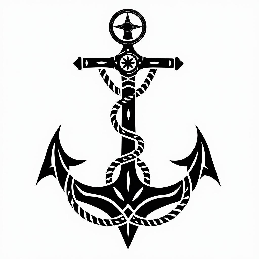 Anchor with nautical rope and compassin tribal tattoo style, featuring bold and black geometric shapes, curved lines, intertwine and flow seamlessly, creating a powerful and symbolic design, polynesian and maori styles - Variation 2