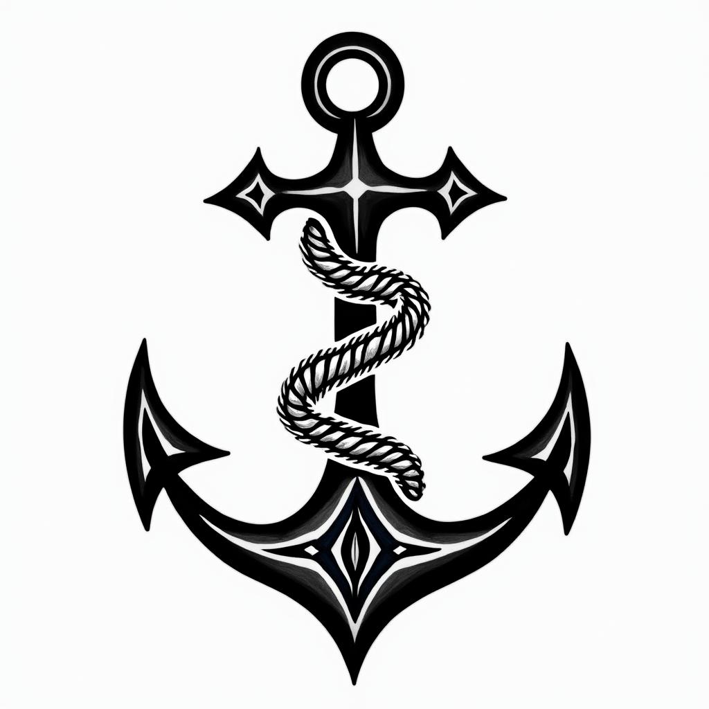 Anchor with nautical rope and compassin tribal tattoo style, featuring bold and black geometric shapes, curved lines, intertwine and flow seamlessly, creating a powerful and symbolic design, polynesian and maori styles - Variation 4