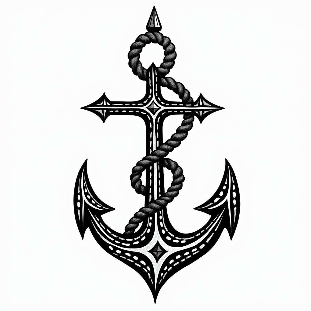 Anchor with nautical rope and compassin tribal tattoo style, featuring bold and black geometric shapes, curved lines, intertwine and flow seamlessly, creating a powerful and symbolic design, polynesian and maori styles