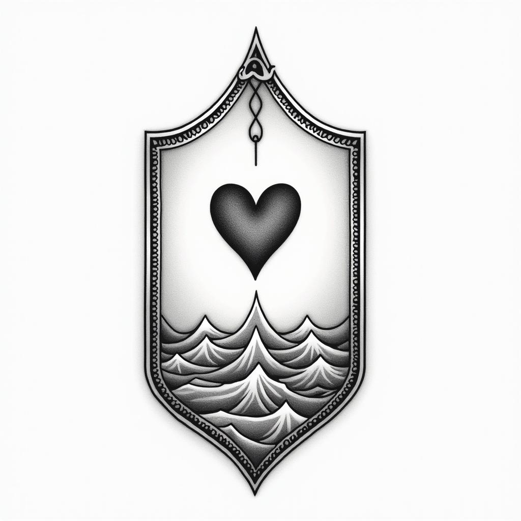 Dogtag Soldier symbolsin Modest style tattoo, featuring soft, delicate line work with simple and meaningful symbols, gentle waves, a heart, evoking a sense of serenity and grace, - Variation 4