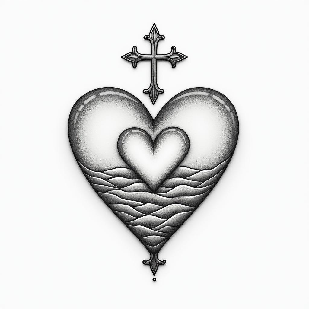 Dogtag Soldier symbolsin Modest style tattoo, featuring soft, delicate line work with simple and meaningful symbols, gentle waves, a heart, evoking a sense of serenity and grace, - Variation 2